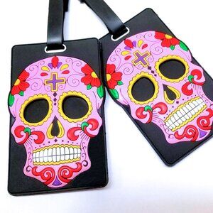 Set of 2 Sugar Skull Luggage Tags Backpack ID Suitcase Pink Black Multi